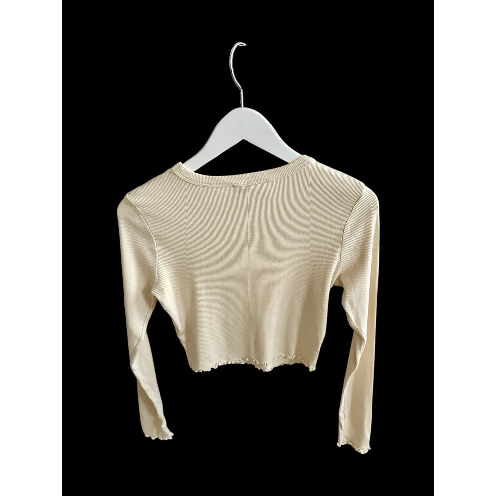 Lisa Says Gah‎ Long Sleeve Crop Top Sz Small Lettuce Trim Beige Neutral - Picture 5 of 9